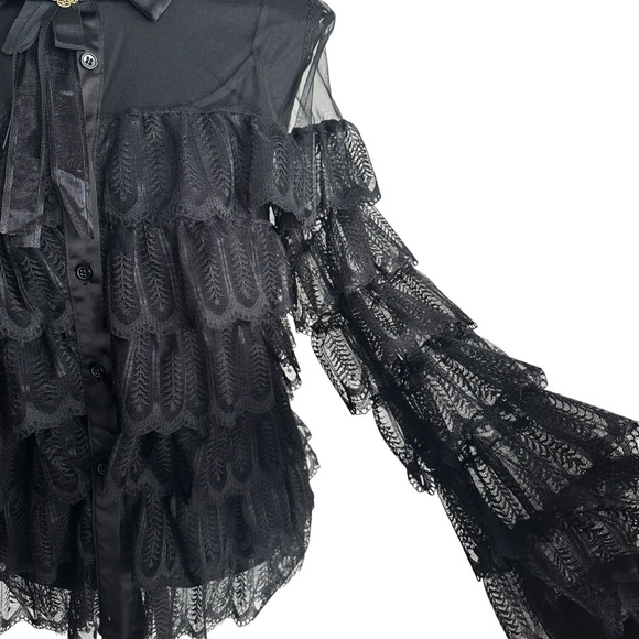 🖤Victorian Gothic Lace Ruffle Blouse | Sheer Black Romantic Tiered Top Size M - Picture 11 of 14